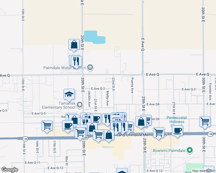 map of restaurants, bars, coffee shops, grocery stores, and more near 38656 Malby Avenue in Palmdale