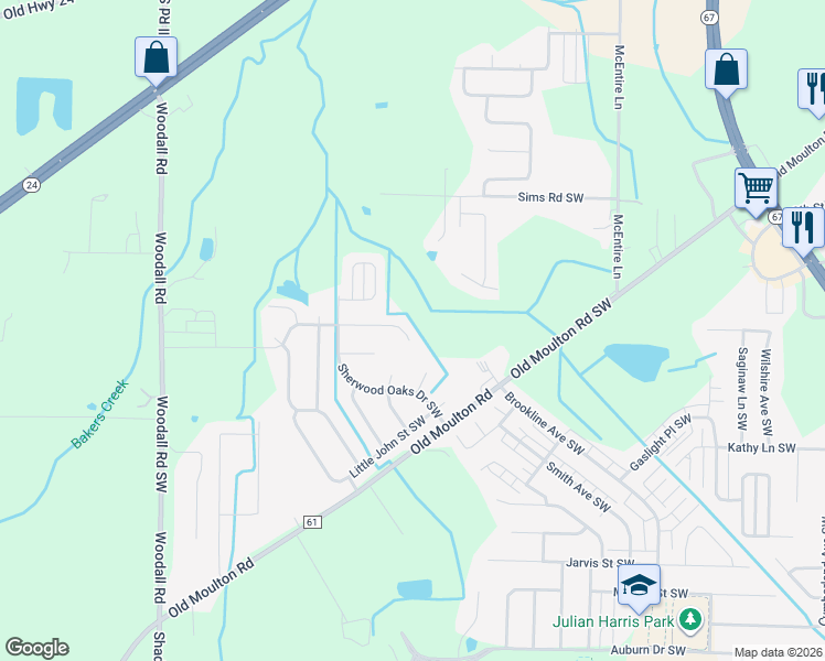 map of restaurants, bars, coffee shops, grocery stores, and more near 2705 King Arthur Court Southwest in Decatur