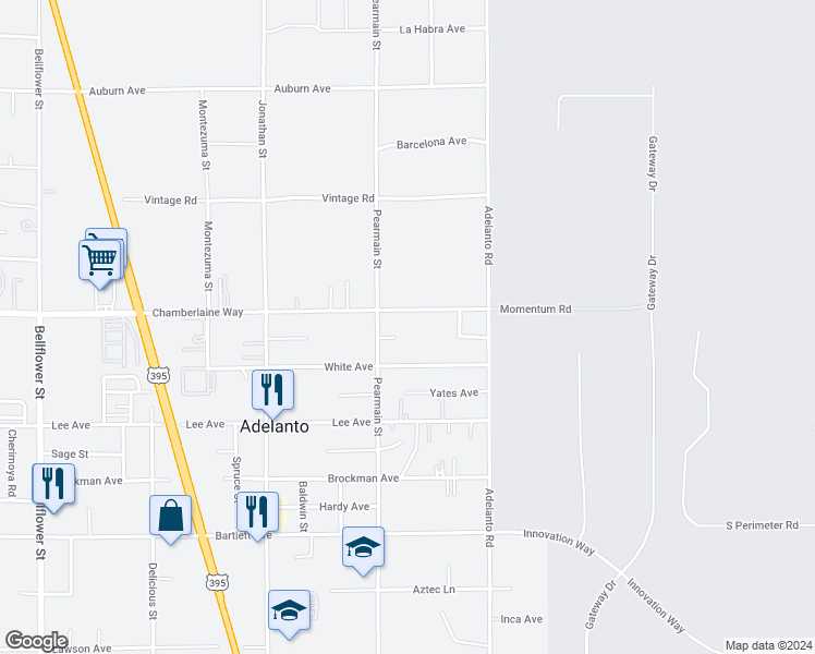 map of restaurants, bars, coffee shops, grocery stores, and more near 11962 White Avenue in Adelanto