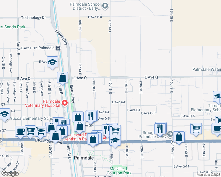 map of restaurants, bars, coffee shops, grocery stores, and more near 38636 10th Street East in Palmdale