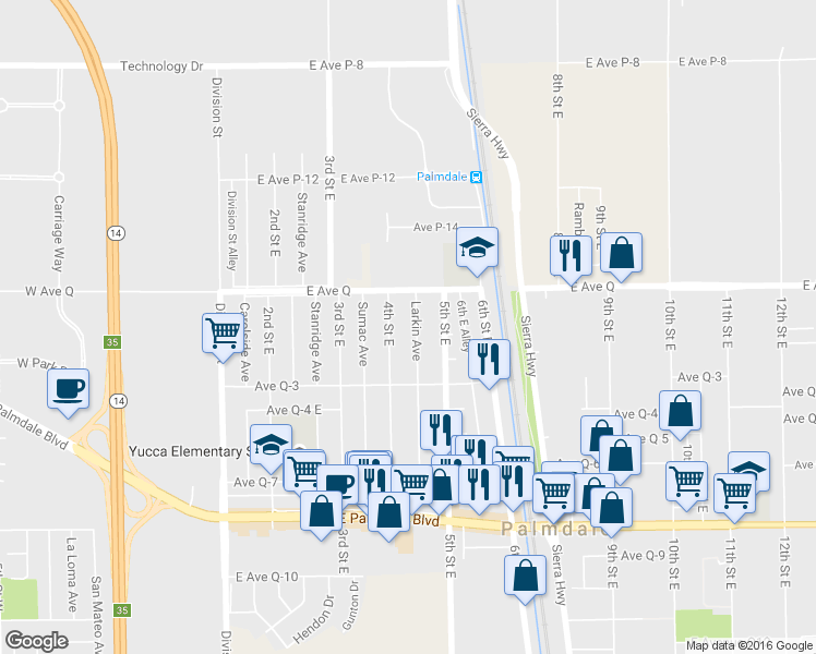 map of restaurants, bars, coffee shops, grocery stores, and more near 38647 Larkin Avenue in Palmdale