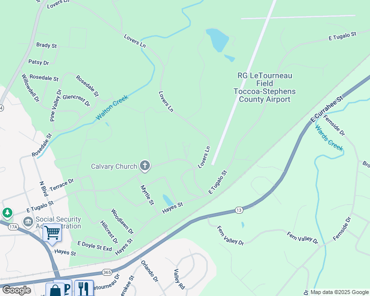 map of restaurants, bars, coffee shops, grocery stores, and more near 1573 East Tugalo Street in Toccoa