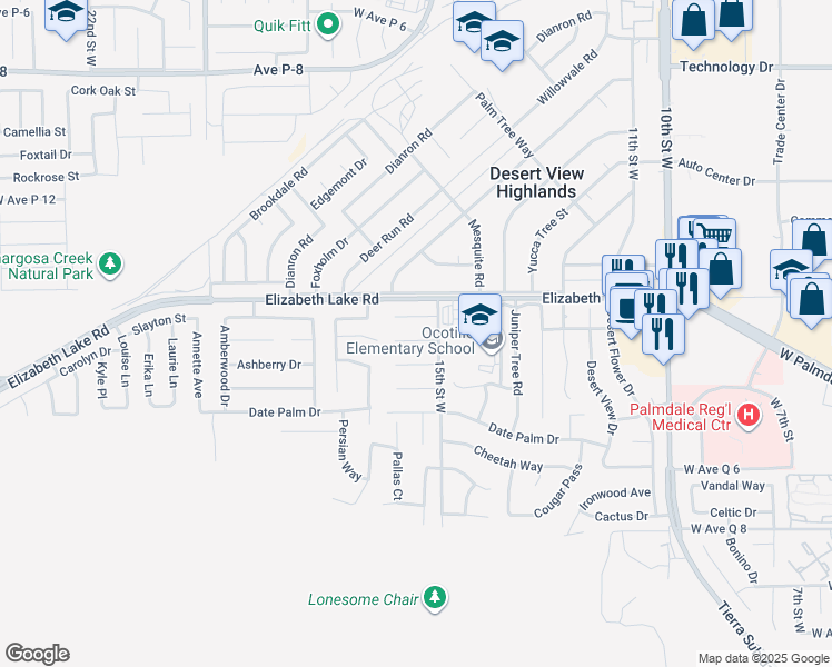 map of restaurants, bars, coffee shops, grocery stores, and more near 1521 Bengal Court in Palmdale