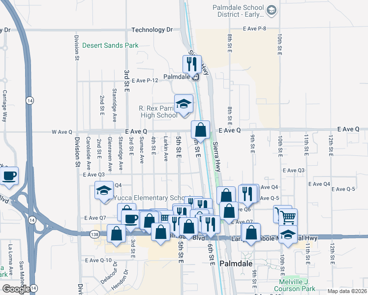 map of restaurants, bars, coffee shops, grocery stores, and more near 509 East Avenue Q1 in Palmdale