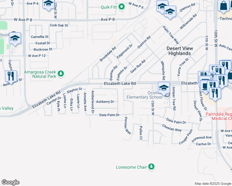 map of restaurants, bars, coffee shops, grocery stores, and more near 38706 Highmeadow Drive in Palmdale