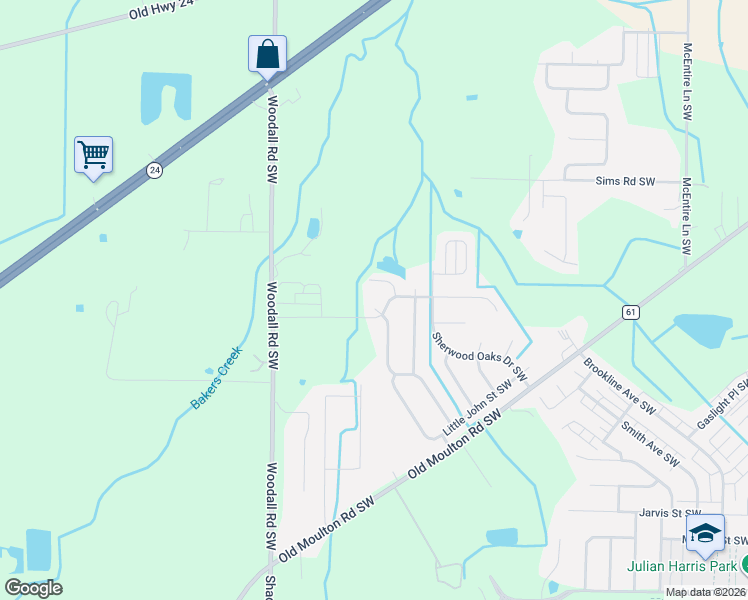 map of restaurants, bars, coffee shops, grocery stores, and more near 1404 Lake Knoll Drive Southwest in Decatur