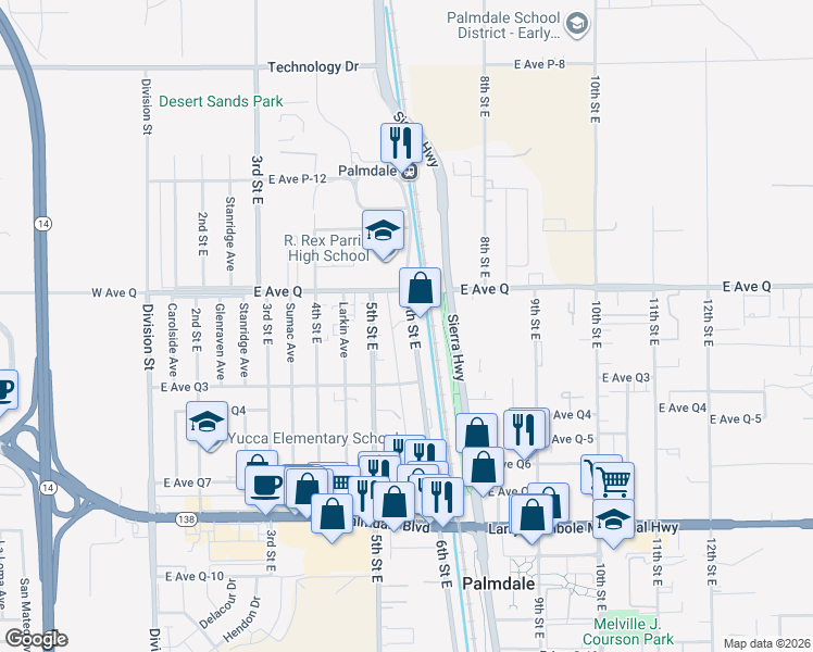 map of restaurants, bars, coffee shops, grocery stores, and more near 38644 6th Street East in Palmdale