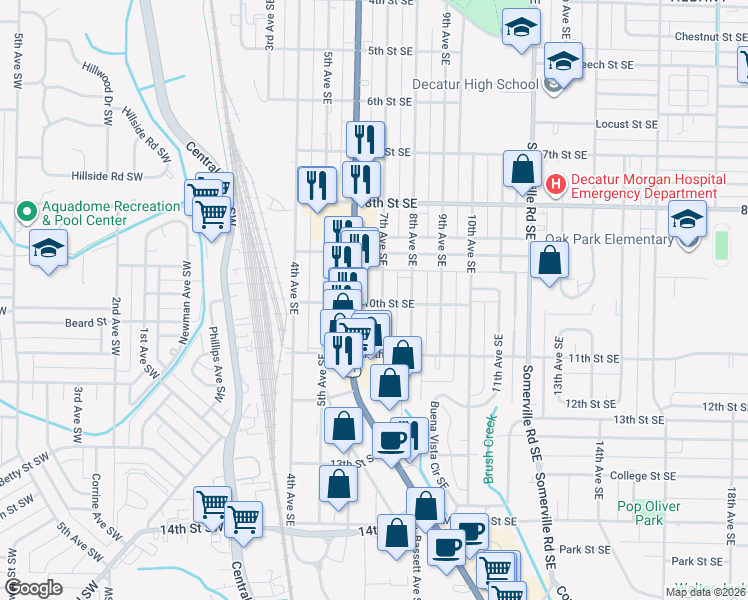 map of restaurants, bars, coffee shops, grocery stores, and more near 1406 7th Avenue Southeast in Decatur