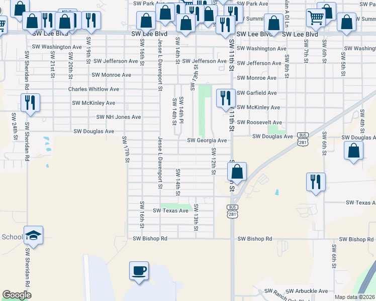 map of restaurants, bars, coffee shops, grocery stores, and more near 1316 Southwest Pennsylvania Avenue in Lawton