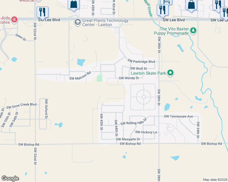 map of restaurants, bars, coffee shops, grocery stores, and more near 24152415 Northwest 45th Place in Lawton