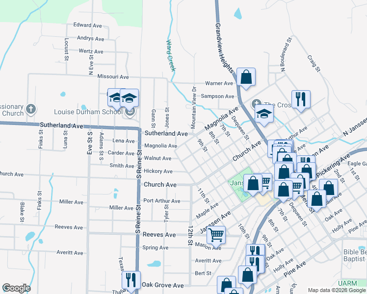map of restaurants, bars, coffee shops, grocery stores, and more near 109 10th Street in Mena