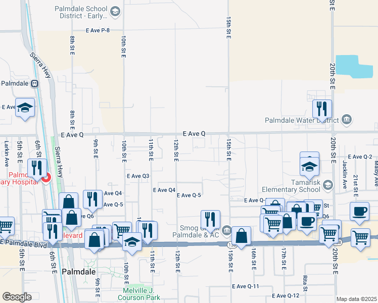 map of restaurants, bars, coffee shops, grocery stores, and more near 38702 12th Street East in Palmdale