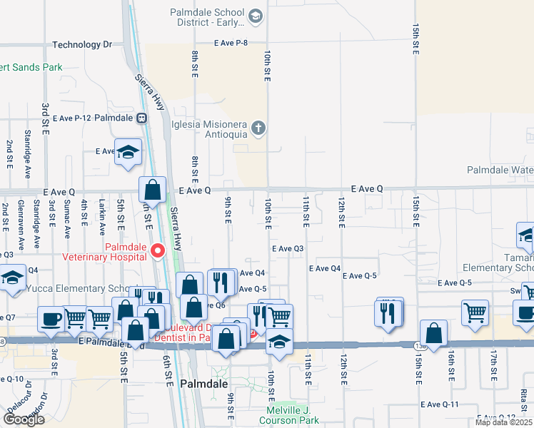 map of restaurants, bars, coffee shops, grocery stores, and more near 38636 10th Street East in Palmdale
