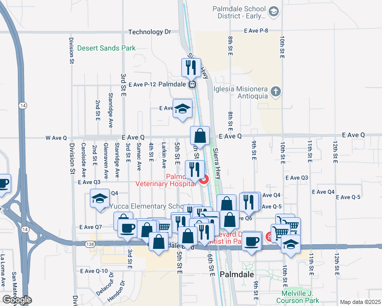 map of restaurants, bars, coffee shops, grocery stores, and more near 38644 6th Street East in Palmdale