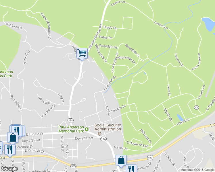 map of restaurants, bars, coffee shops, grocery stores, and more near 200 Beechwood Boulevard in Toccoa