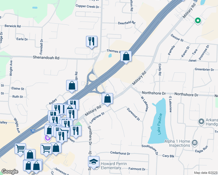 map of restaurants, bars, coffee shops, grocery stores, and more near 2314 Military Road in Benton