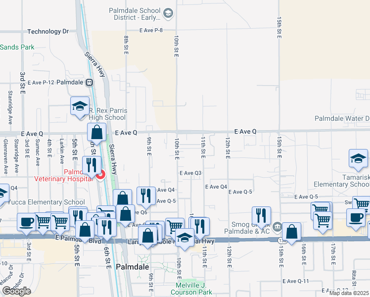 map of restaurants, bars, coffee shops, grocery stores, and more near 38710 10th Street East in Palmdale