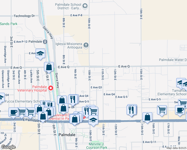 map of restaurants, bars, coffee shops, grocery stores, and more near 38636 10th Street East in Palmdale