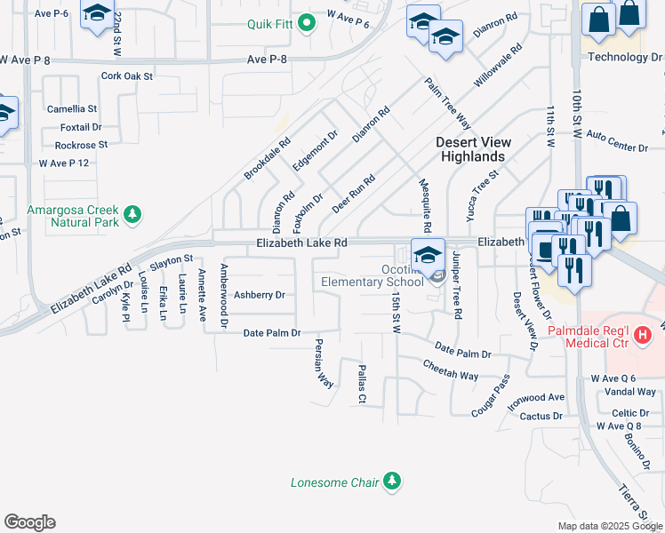 map of restaurants, bars, coffee shops, grocery stores, and more near 1629 Balinese Court in Leona Valley