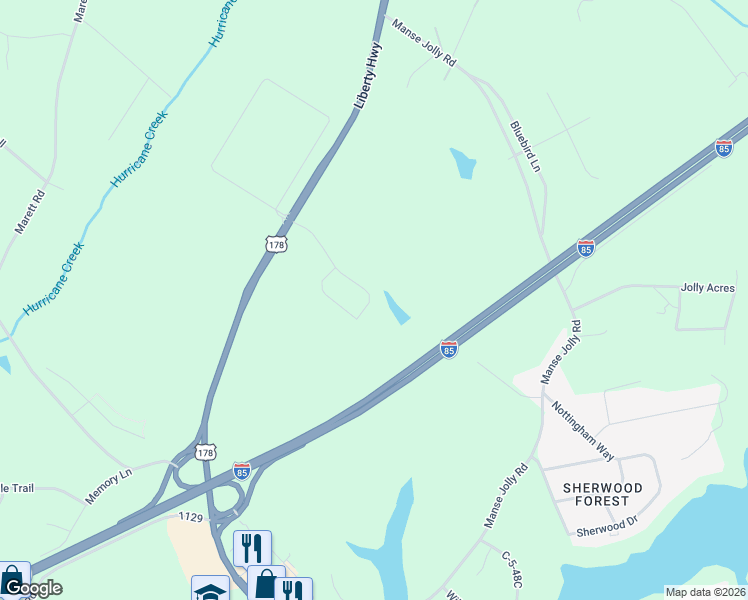 map of restaurants, bars, coffee shops, grocery stores, and more near Interstate 85 in Anderson