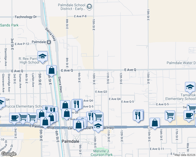 map of restaurants, bars, coffee shops, grocery stores, and more near 38710 10th Street East in Palmdale