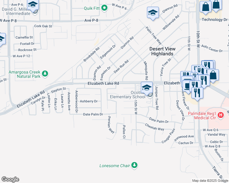 map of restaurants, bars, coffee shops, grocery stores, and more near 1629 Balinese Court in Leona Valley