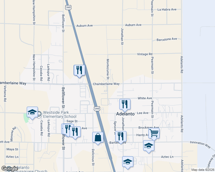 map of restaurants, bars, coffee shops, grocery stores, and more near 18492 Montezuma Street in Adelanto