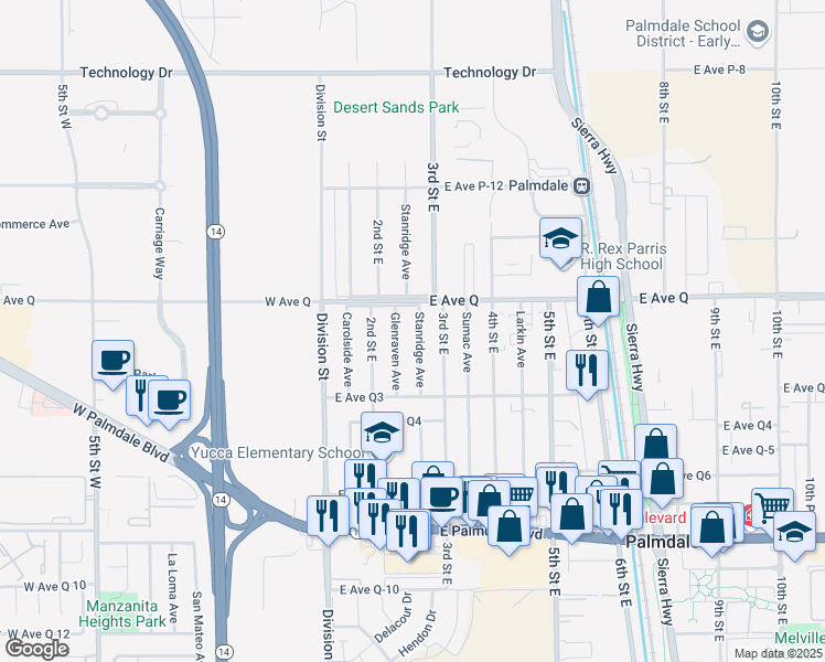 map of restaurants, bars, coffee shops, grocery stores, and more near 38721 Stanridge Avenue in Palmdale