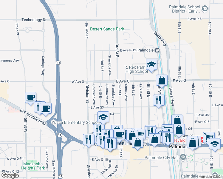 map of restaurants, bars, coffee shops, grocery stores, and more near 38721 Stanridge Avenue in Palmdale