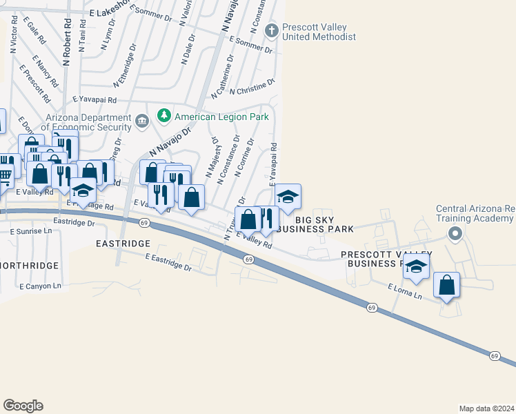 map of restaurants, bars, coffee shops, grocery stores, and more near 2924 North Yavapai Road East in Prescott Valley