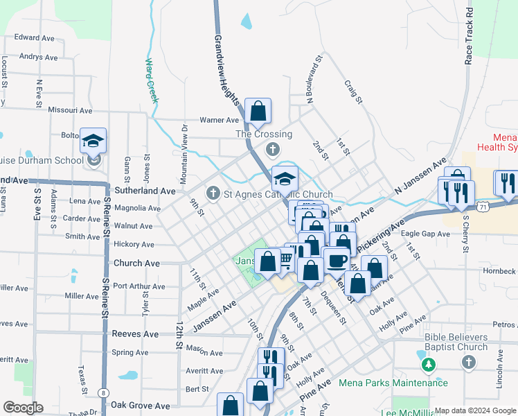 map of restaurants, bars, coffee shops, grocery stores, and more near 311 Dequeen Street in Mena