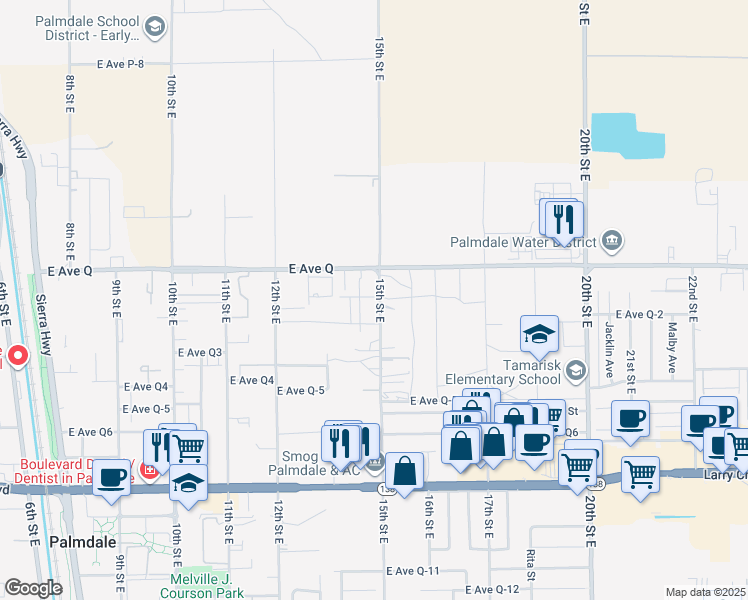 map of restaurants, bars, coffee shops, grocery stores, and more near 38723 15th Street East in Palmdale