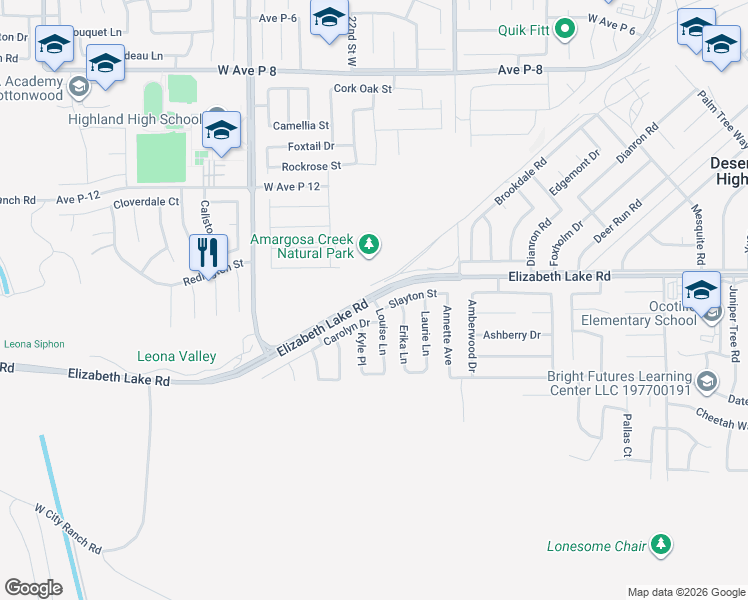 map of restaurants, bars, coffee shops, grocery stores, and more near 38770 Louise Lane in Palmdale