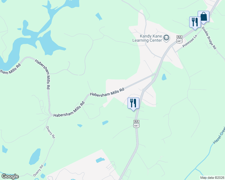 map of restaurants, bars, coffee shops, grocery stores, and more near 525 Habersham Mills Road in Clarkesville