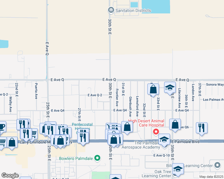 map of restaurants, bars, coffee shops, grocery stores, and more near 38720 30th Street East in Palmdale
