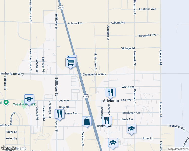 map of restaurants, bars, coffee shops, grocery stores, and more near 11568 Chamberlaine Way in Adelanto