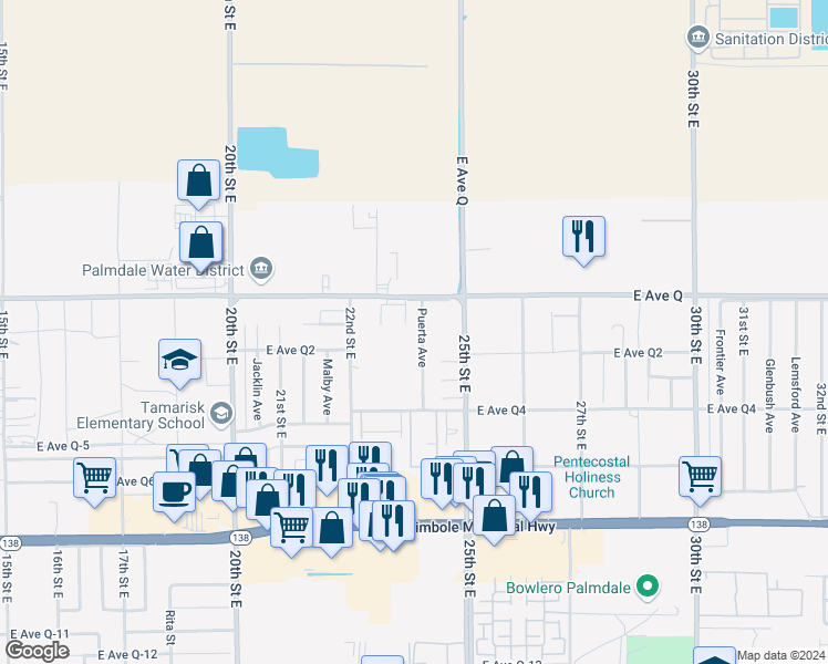 map of restaurants, bars, coffee shops, grocery stores, and more near 38751 Puerta Avenue in Palmdale