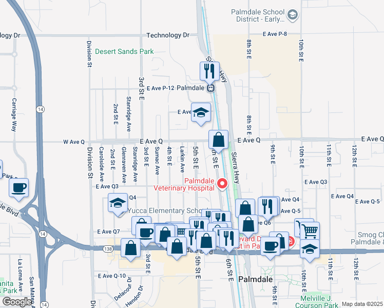 map of restaurants, bars, coffee shops, grocery stores, and more near in Palmdale