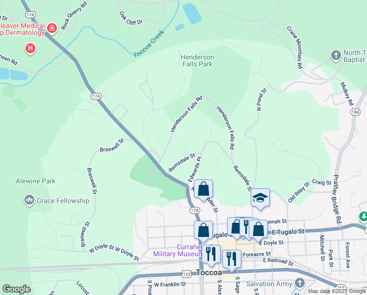 map of restaurants, bars, coffee shops, grocery stores, and more near 32 Windward Way in Toccoa