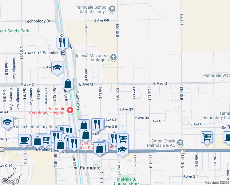 map of restaurants, bars, coffee shops, grocery stores, and more near 38719 10th Street East in Palmdale