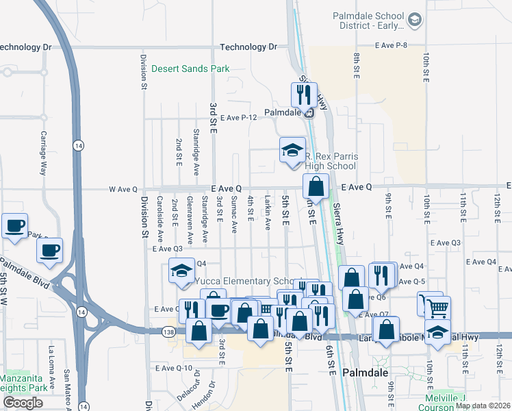 map of restaurants, bars, coffee shops, grocery stores, and more near in Lake Los Angeles