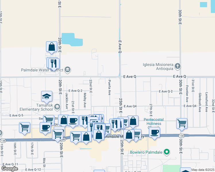 map of restaurants, bars, coffee shops, grocery stores, and more near 38751 Puerta Avenue in Palmdale