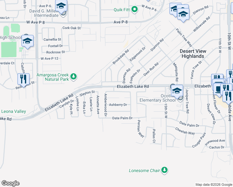map of restaurants, bars, coffee shops, grocery stores, and more near 1806 Amberidge Way in Palmdale