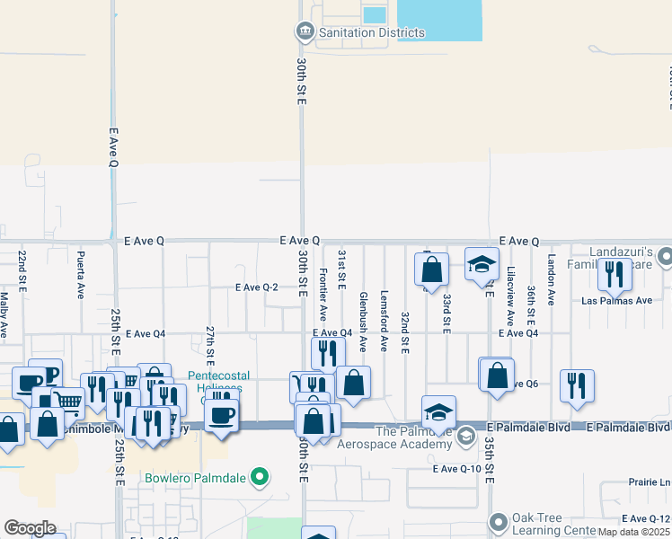 map of restaurants, bars, coffee shops, grocery stores, and more near 38750 31st Street East in Palmdale