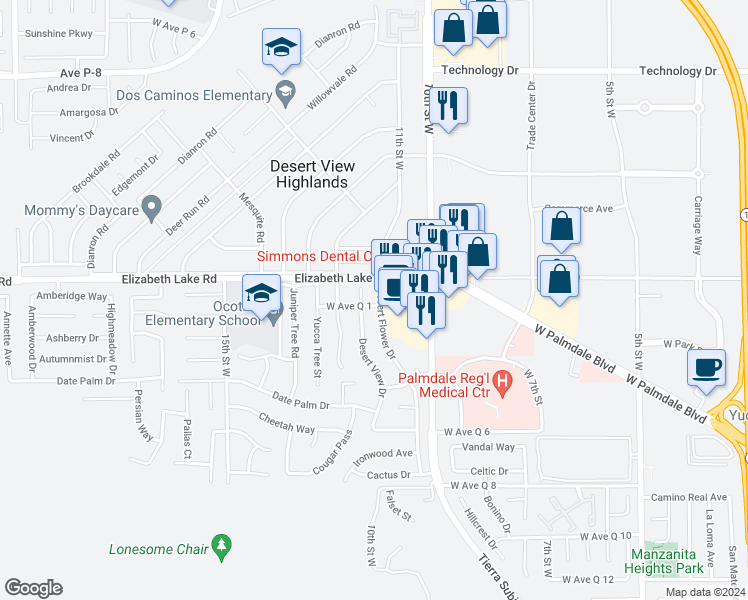 map of restaurants, bars, coffee shops, grocery stores, and more near 38735 Desert Flower Drive in Palmdale