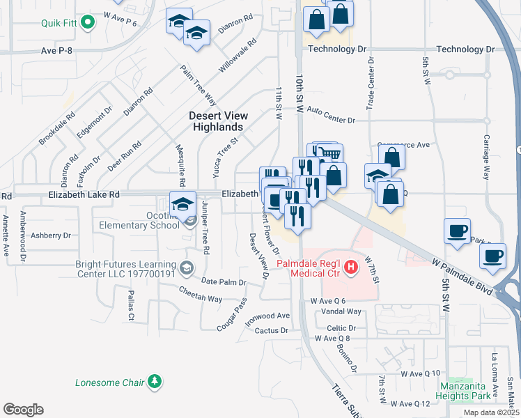 map of restaurants, bars, coffee shops, grocery stores, and more near 38735 Desert Flower Drive in Palmdale