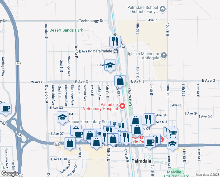 map of restaurants, bars, coffee shops, grocery stores, and more near in Palmdale