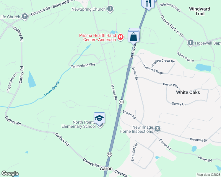 map of restaurants, bars, coffee shops, grocery stores, and more near 3451 South Carolina 81 in Anderson