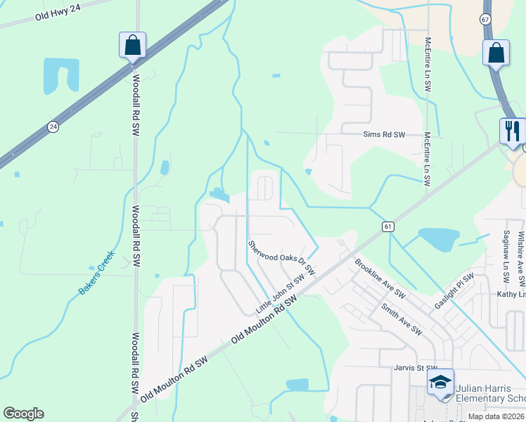 map of restaurants, bars, coffee shops, grocery stores, and more near 1259 Excalibur Drive Southwest in Decatur