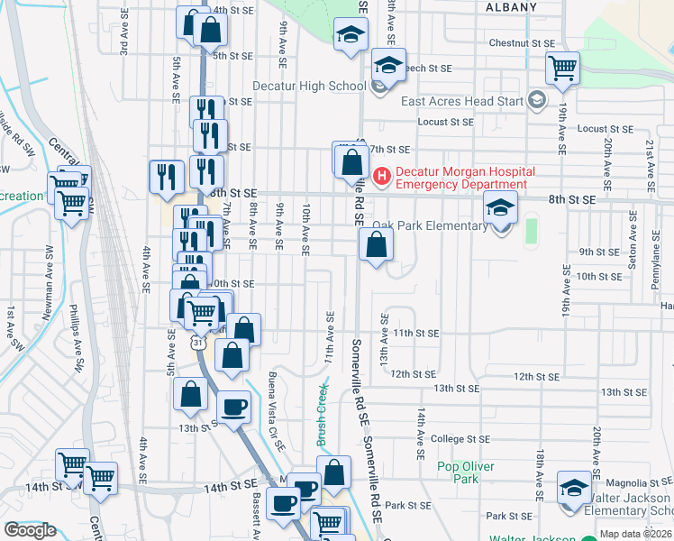 map of restaurants, bars, coffee shops, grocery stores, and more near 1002 11th Avenue Court Southeast in Decatur